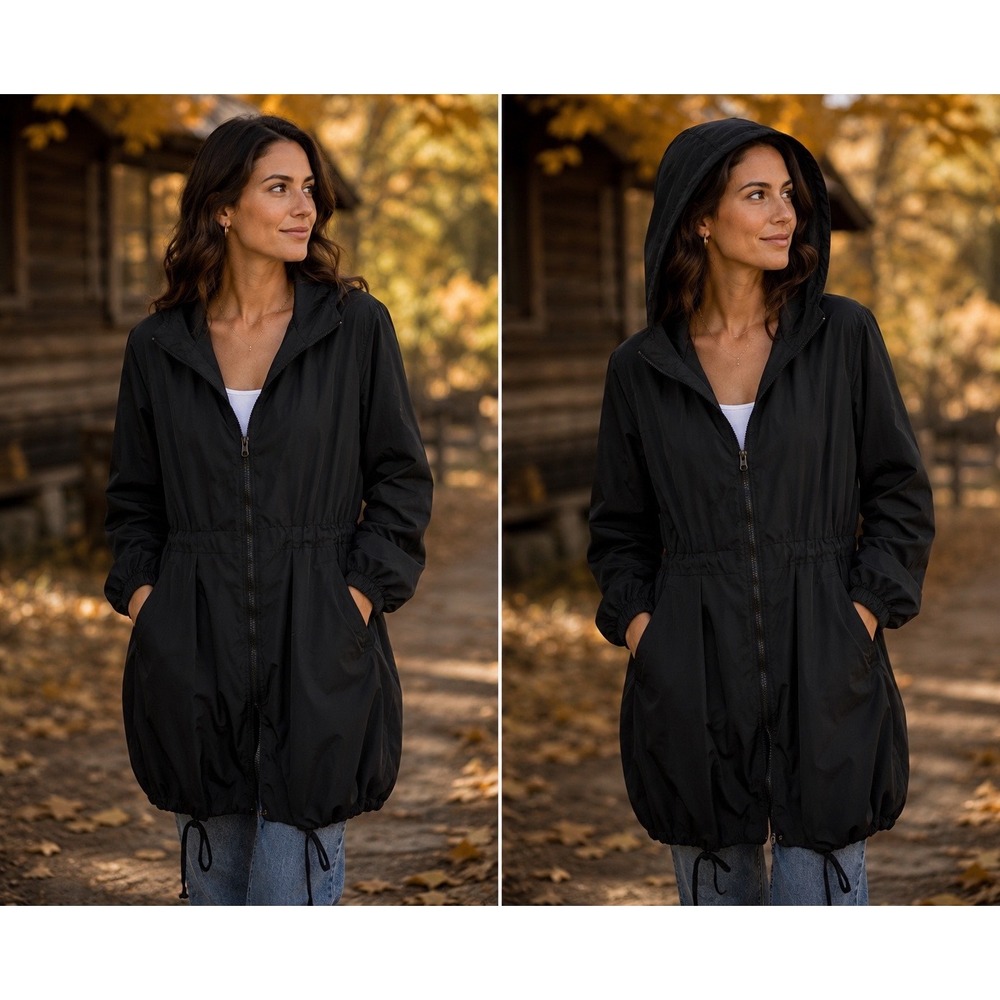 Calvin Klein Black Hooded Anorak Jacket Lightweight Drawstring Rain Coat Sz S